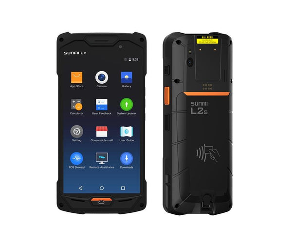 A modern handheld medical or diagnostic device with a large touchscreen display, black body, and orange accent trim, shown on a plain white background.