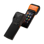 A handheld wireless scanner and mobile POS device shown from two angles on a white background. The device is primarily black with bright orange accents on the top of the scanner head and side grips.