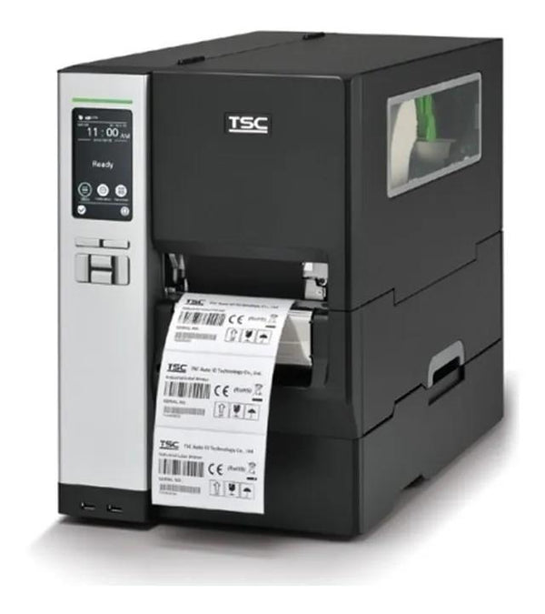 A black and silver ZTE thermal label printer with a white print label emerging from the front, shown on a plain white background.