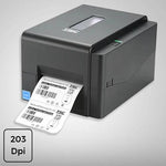 A black TSC thermal label printer shown at an angle, printing a white label sheet with barcodes and text. A small '203 Dpi' badge is visible in the bottom-left corner on a light gray background.