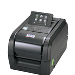 A TSC thermal label printer with a black body, a small front-facing color display screen, and a green power button, shown on a solid white background.