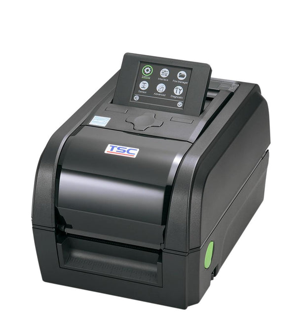 A TSC thermal label printer with a black body, a small front-facing color display screen, and a green power button, shown on a solid white background.
