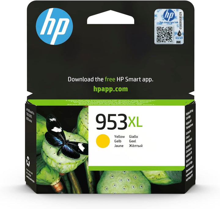 HP 953XL Yellow ink cartridge in its retail packaging, featuring a black and green box with a butterfly graphic and a yellow color indicator.