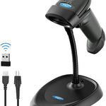 Black handheld barcode scanner with a flexible gooseneck stand on a white background, shown with a USB receiver and cable. The scanner and base both feature a blue oval PRO logo.