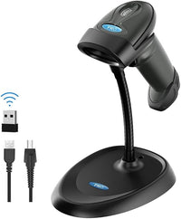 Black handheld barcode scanner with a flexible gooseneck stand on a white background, shown with a USB receiver and cable. The scanner and base both feature a blue oval PRO logo.