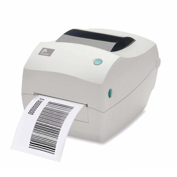 A black Zebra Thermal printer with a yellow power button and a white label tray, shown on a white background.