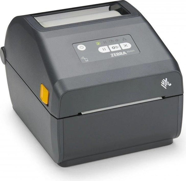 A Zebra QR-ZD421 barcode label printer in dark gray, shown with a white label sheet partially ejected from the front. The printer features a black control panel with a small LCD screen and directional buttons, set against a clean white background.
