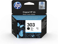 HP Original Ink 303 Black toner cartridge retail box, featuring a black and blue design with butterfly graphics and the HP logo.