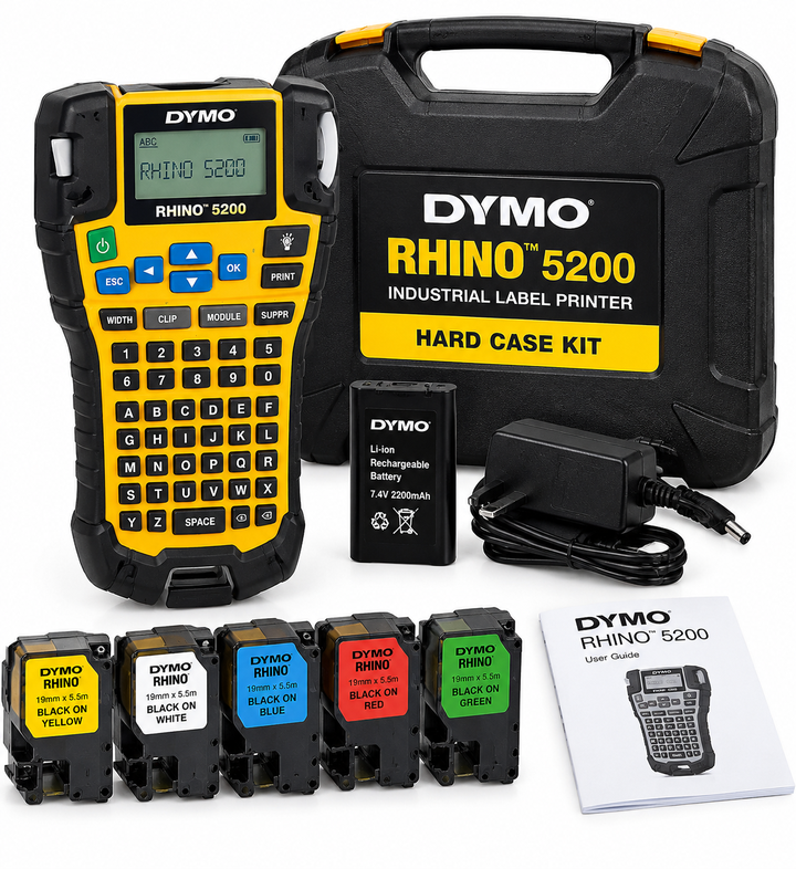 DYMO Rhino 5200 Industrial Label Printer Hard Case Kit – Portable Cable & Electrical Label Maker with Rechargeable Li-Ion Battery