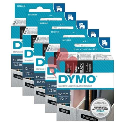 Dymo 5-Pack 45021 12mm x 7 meter White on Black Label Tape Cartridge for Dymo Label Printers